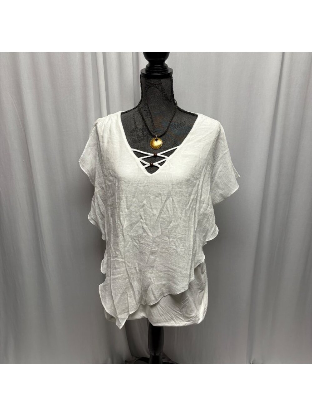 AB Studio White Gauzy-Texture Split-Shoulder Top Womens Sz XXL V-Neck Blouse NEW